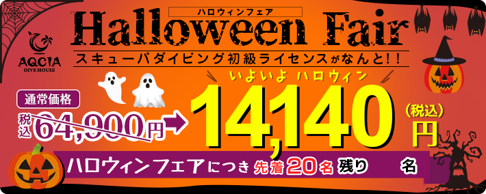 【先着20名様限定】ハロウィンフェア スキューバダイビング初級ライセンスがなんと14,140円！