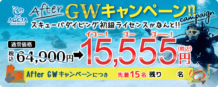 【After GWキャンペーン】スキューバダイビング初級ライセンスが 15,555円！ （先着15名様）